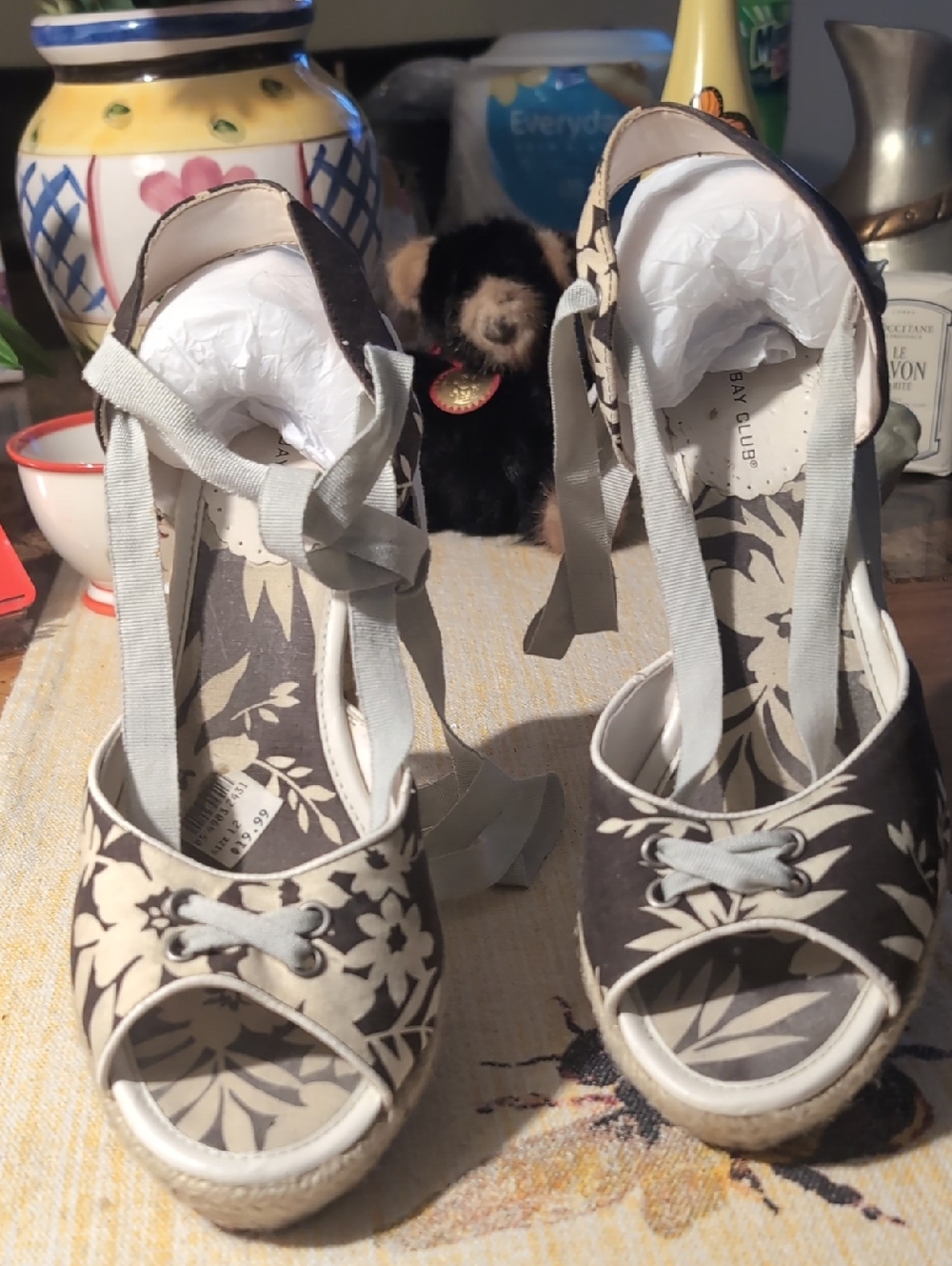 Montego Bay Club Floral Canvas Espa  Wedge Sandals in Brown and Cream